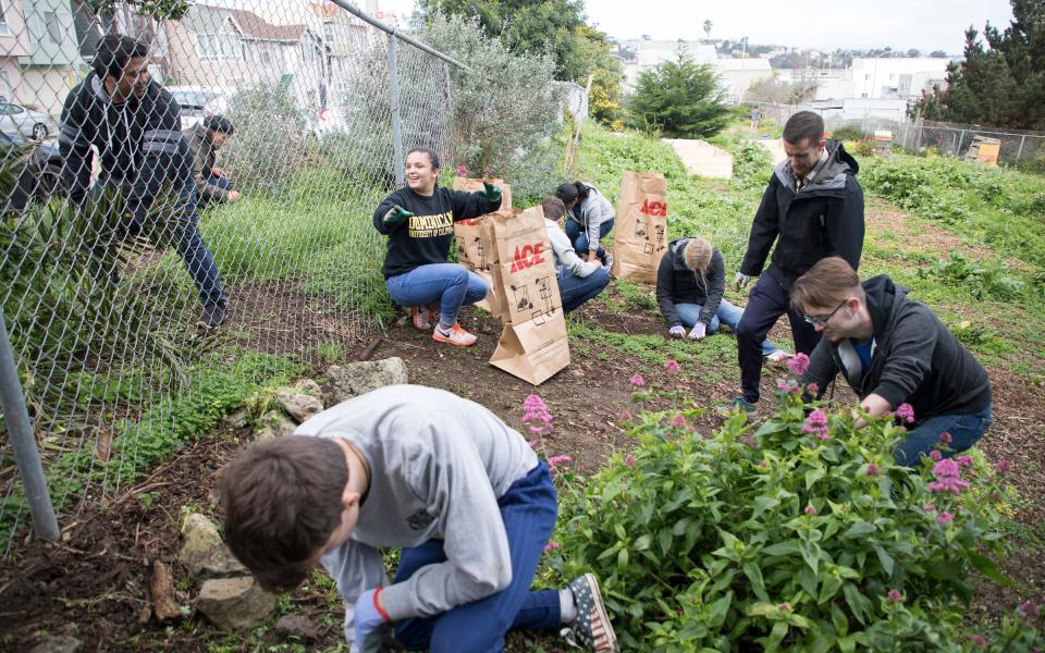 Habitat volunteers work on the Palou Phelps Community Garden in the Bayview neighborhood of San Francisco. 