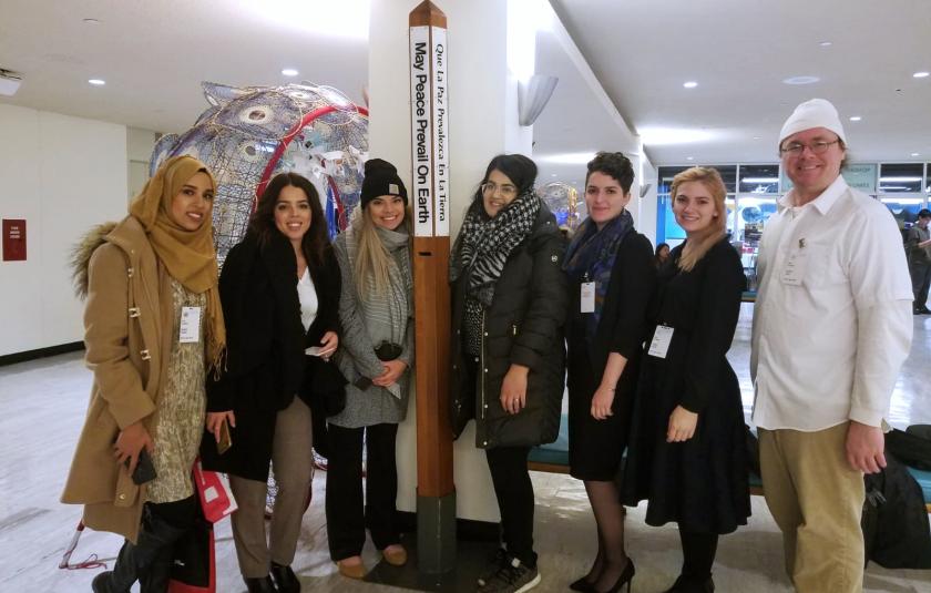 Maliha Sheikh, Emerald Staton, Laila Galarsa, Sofia Schersei, Gabi Henry, Caitlin Ferrel and Patrick Horn at the UN. 