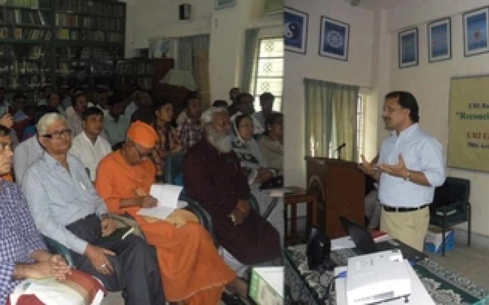 Biswadeb speaking to a crowd of people