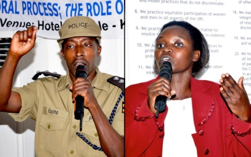 a man and women both speaking on the microphone 