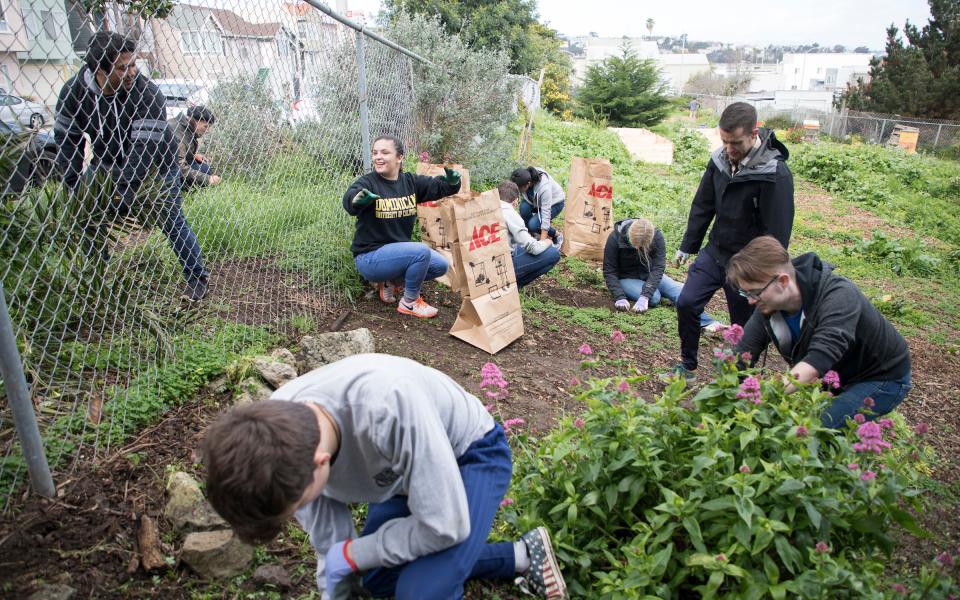 Habitat volunteers work on the Palou Phelps Community Garden in the Bayview neighborhood of San Francisco.