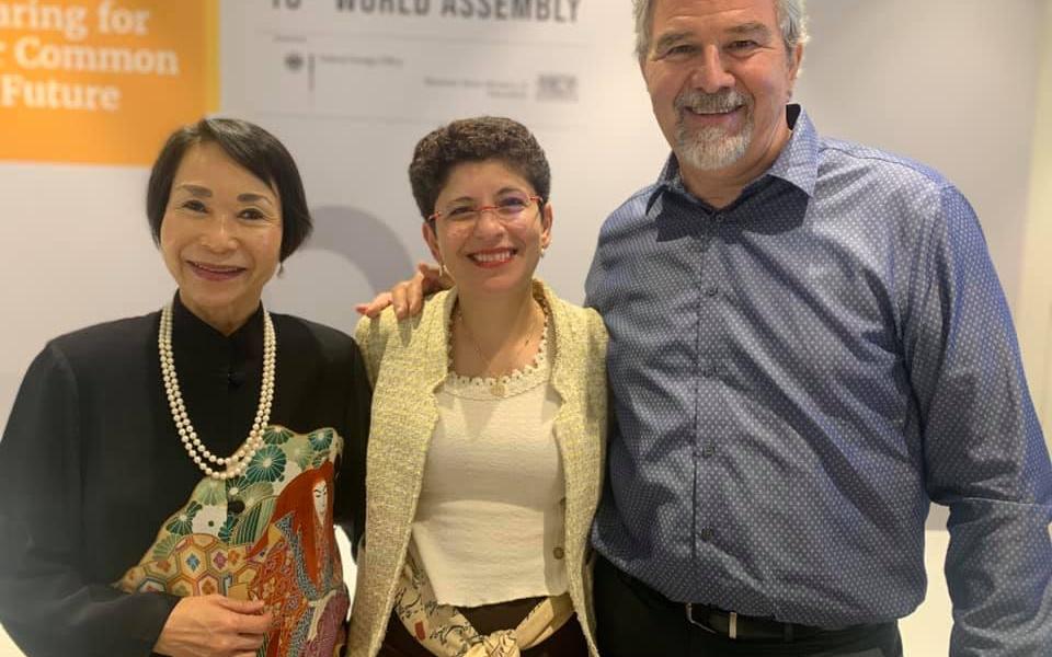 Audrey Kitagawa, Chair of the Parliament of the World's Religions, and Azza Karam, new Secretary-General of Religions for Peace, with The Rev. Victor H. Kazanjian, Jr., URI Executive Director.