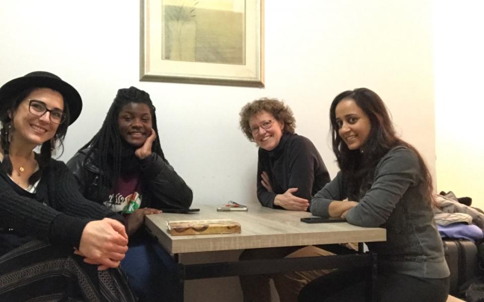 Sanniyah (second from left) with fellow URI trip participants and URI Director of Global Programs Alice Swett (second from right). 