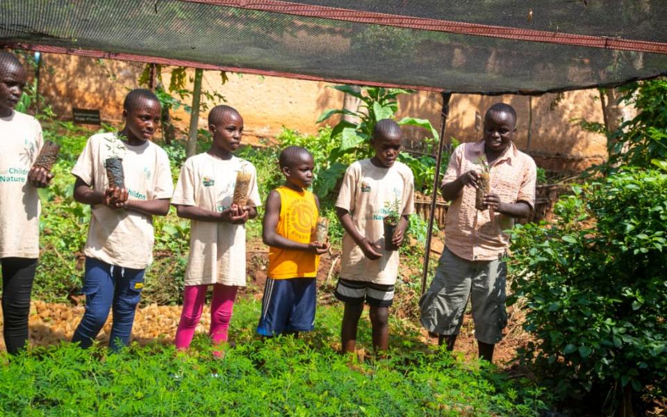 Picture: 5 children stand in a row each holding plants