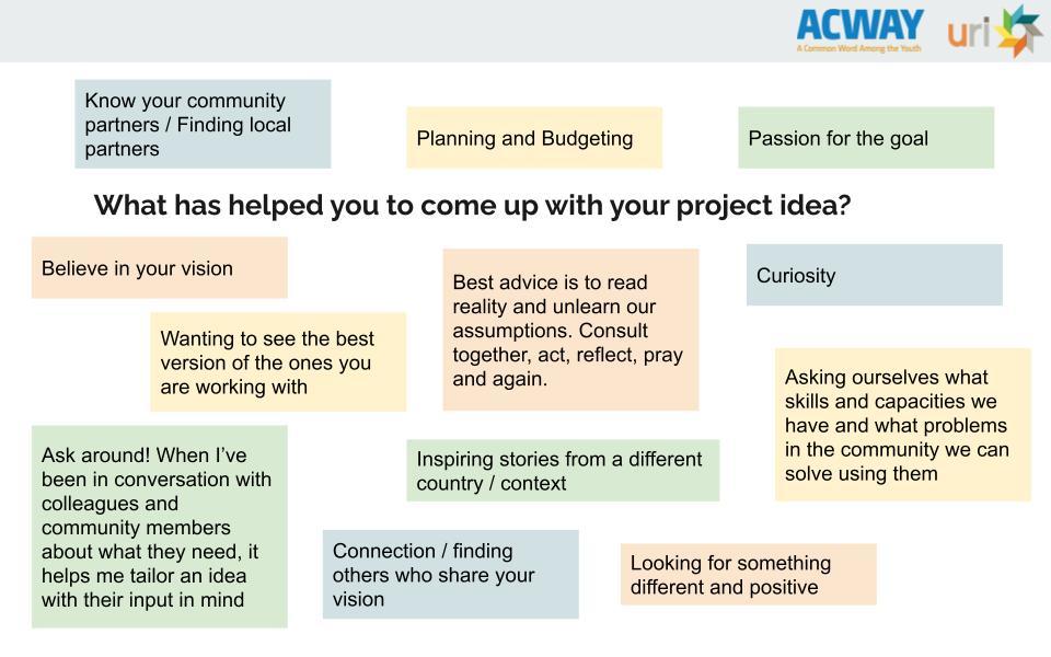 Photo: Slide of responses to the question 'what has helped you come up with your project idea?'