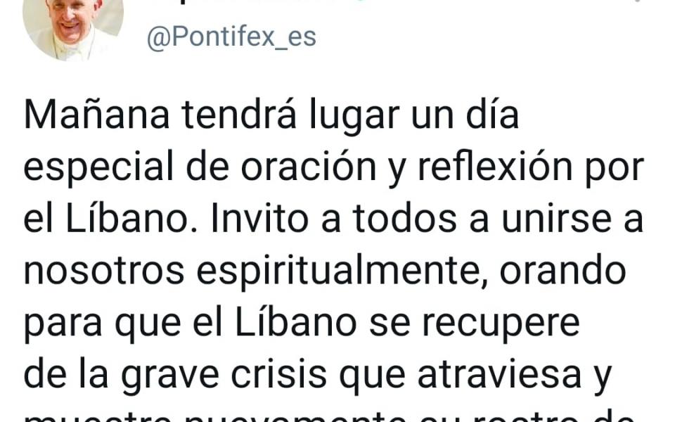 Photo: Photo of one tweet of the Pope Francisco calling for pray for the peace in Lebanon.