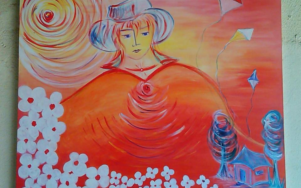 Photo: The Rafael Archangel pinned in orange colors with a house close to him pinted in blue.