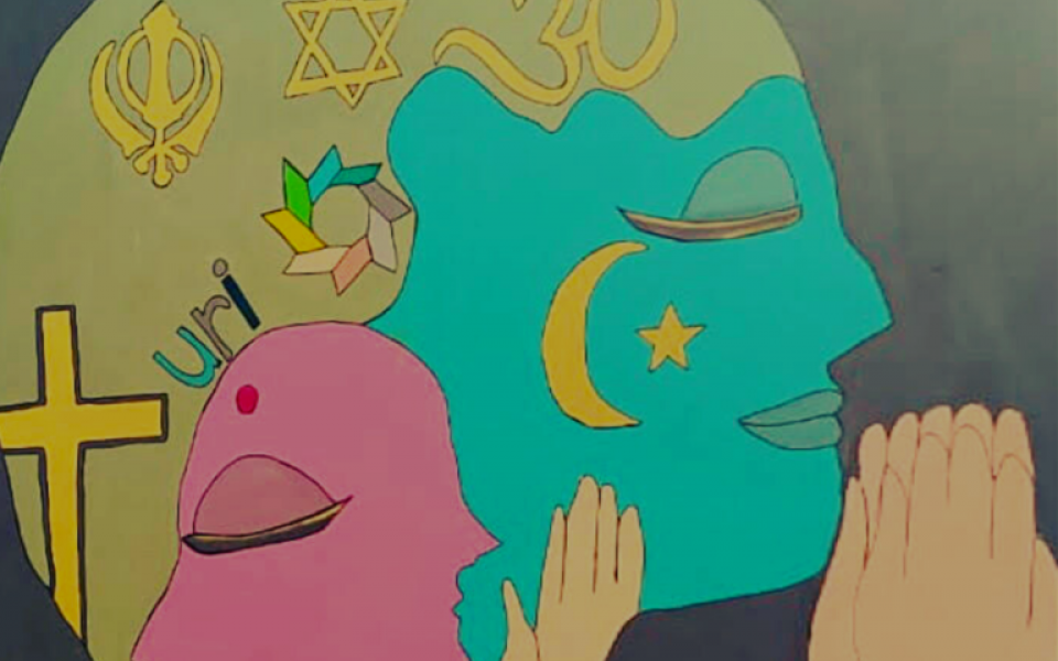 Image depicts different religious symbols and human expression of praying hands